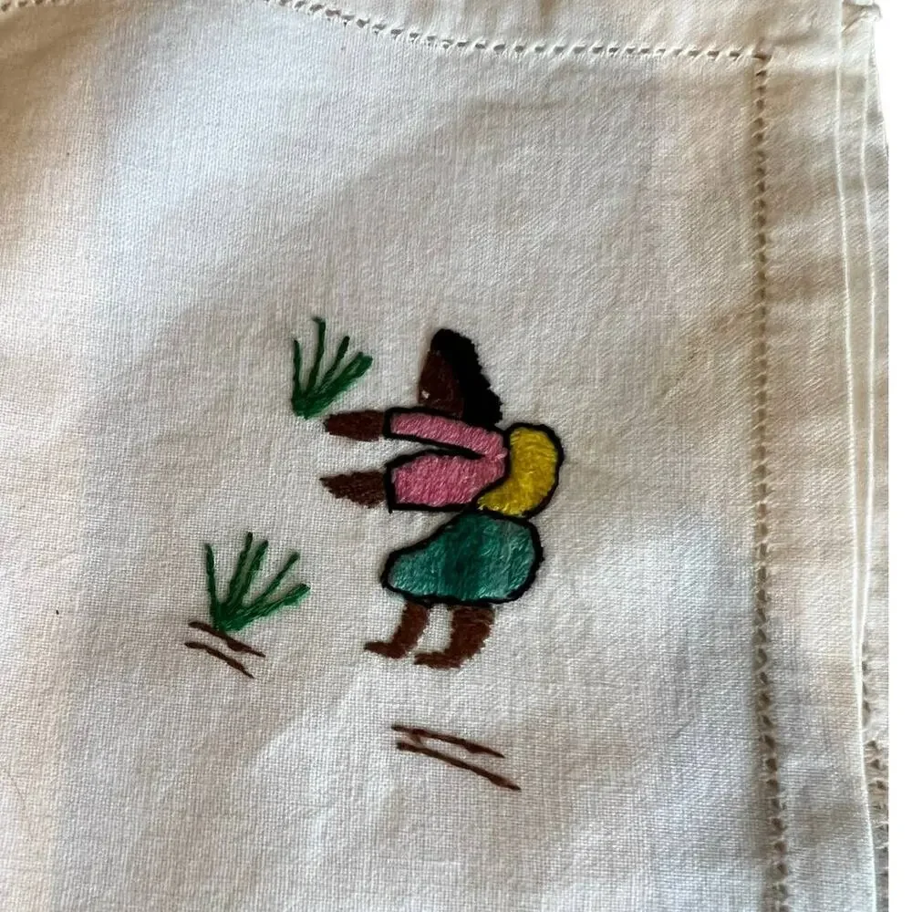 Indigenous People Hand Embroidered Hemstitch Linen Cocktail Napkins